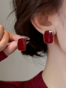 Luxurious Square Red Drip Glaze Earrings Womens Pure Silver High-End Feel No Piercing Clip-On 2025 Trendy Earring Jewelry