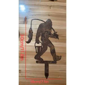 CIFbuy | CIFBUY Rustic Metal Gorilla Fishing Wrought Iron Garden Stake Outdoor Lawn Decor Vintage Nature Rust Finish Yard Art Piece