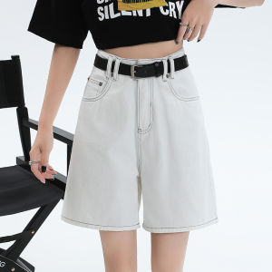 QIAOMIDUO | High Waist Black Denim Shorts Summer Thin Fabric Five-Quarter Length Riding Horse Pants Wide Leg Cotton Polyester Blend