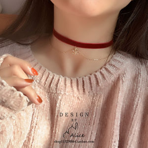 Vòng Cổ Nhung Đỏ Rượu Vang Phong Cách Cổ Điển Vòng Cổ Xương Đòn Lụa Đôi Vòng Cổ Bằng Nhôm Mạ Bạc Vòng Cổ Nữ Tính Mới Ra Mắt