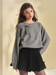 TAMMY TANGS | Sugar Power O-Neck Knitted Top Womens Loose Fit Long Sleeve Butterfly Knot Decorated Soft Polyester Wool Blend Autumn Winter