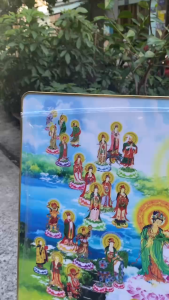 Tranh Phật Tây Phương Tiếp Dẫn chất liệu gỗ in tráng gương bọc viền cao cấp