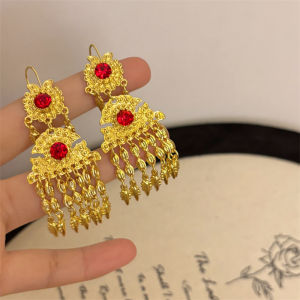 Elegant Long Red Gemstone Fringed Earrings Womens Simulated Gold Alloy Fashionable Thai Style Ear Jewelry Fresh out