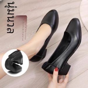 สีดำ รองเท้าทํางาน นุ่ม ส้นกลางด้านล่าง ส้นหนา ส้นหนา สบาย แผนกต้อนรับส่วนหน้า ผู้หญิง รองเท้าเดี่ยว หัวมน ทันสมัย รองเท้าส้นเตี้ย