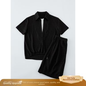 OUMULONG | False Two-piece Deep V-neck Short Sleeve Shorts Summer Mens Outfit