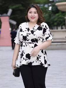 Floral Print Chiffon Top V-Neck plus Size Womens Summer Slimming Waist Design Casual Comfortable plus Size Mom Clothes