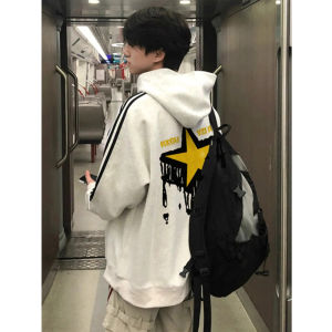 American Style Fleece Lined Hoodie Pure Cotton Heavyweight Jacket for Teens And High School Students Casual Loose Fit Print Sweatshirt