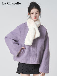 La Chapelle | Warm Purple Imitation Lamb Fleece Coat and Scarf Set