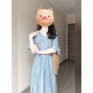 Elegant New Chinese Style Womens Dress Classy Atmosphere Summer 2025 Season Polyester Fiber A-Line Skirt V-Neck Short Sleeve