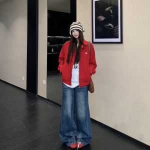 กางเกงยีนส์ทรงหลวมสไตล์ย้อนยุคสีน้ำเงินเข้มสไตล์อเมริกันสตรีทสำหรับผู้หญิง กางเกงขายาวทรงหลวมสไตล์ย้อนยุค ฤดูใบไม้ร่วง 2025