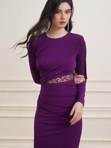Lace Waist Fitted French Lavender Aromatic Maxi Dress