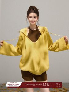THROUS | Quần Áo Len Trung Bình Đơn Sắc Phong Cách Tối Giản Cổ V Có Mũ