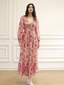 French Style Pink Floral Print Loose Waist-cinched V-neck Dress