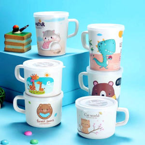 Bamboo Fiber Childrens Water Cup with Handle for Milk Drinking And Toothbrushing Cartoon Anti-Scalding Lid for Toddlers And Kids