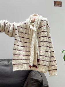 เสื้อคาร์ดิแกนถักคอตั้งลายทางแขนยาวหนาสำหรับผู้หญิง ฤดูใบไม้ร่วง/ฤดูหนาว เสื้อคลุมกันหนาวแบบสวมหัว ผ้าฝ้ายผสมโพลีเอสเตอร์