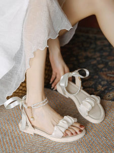 Summer 2025 New Style Student Soft Bottom Fairy Wind Beach French Pearl One-Strap Flat Sandals Womens Low Heel Fashionable
