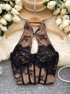 Retro Chinese Style Neck Hanging Tube Top Vest Womens Embroidered Mesh Fishbone Waist Cinching Slim Design Base Shirt