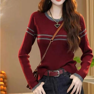 เสื้อถักลายทางหลวมๆ สำหรับผู้หญิง เสื้อชั้นในทรงเข้ารูป เสื้อเชิ้ตแขนยาวคอตั้ง ผ้าโพลีเอสเตอร์ ฤดูใบไม้ร่วง 2024