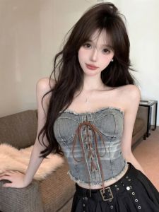 GUZILIAN | Vintage Aesthetic Distressed Denim Crop Halter Top With Frayed Edges Women
