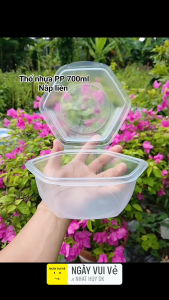 Gói 100 cái Thố nhựa lục giác 700ml Tân Tường Khang nắp liền nhựa chịu nhiệt chặt khít tiện lợi