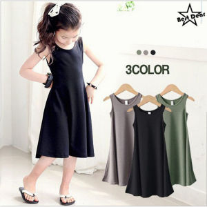 Girls Cotton Summer Dress Vest Style Sleeveless Thin Pure Color Long Skirt Children Black Strap Dress Casual Daily Wear