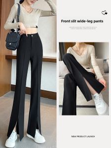 LANGPIN | High Waist Black Split Micro Flare Pants Womens Loose Casual Floor-Length Slimming Trousers Spring Autumn 2024 Polyester Spandex