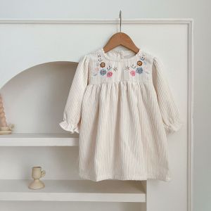 New Autumn Kids Baby Girls Long Sleeve Princess Dress Spring Brown Girl Dress Children Embroidery Flower Clothes Sweet Dresses