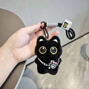 Aitemay Cute Black Cat Plush Keychain Big Eye Kitten Pendant Soft Stuffed Animal Bag Charm Durable Metal Clip Car Keyring Accessory Gift For Girls
