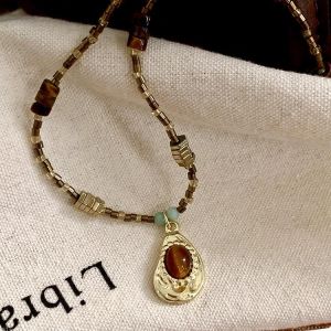 Retro Beaded Necklace for Women Tiger Eye Stone Sweater Chain Design Neck Bracelet Fresh out Fashion Jewelry Accessory