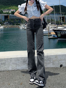 High Waist Straight Leg Jeans Womens Elastic Long-lasting Fashionable Deep Blue Cotton Polyester Blend Anti-bacterial Long Pants