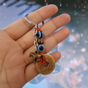 2026 Lucky Horse Keychain with Horseshoe Evil Eye Black Mantra Bead Red String & 3 Chinese Coins