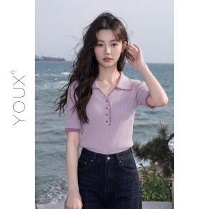 YOUXIANG | Áo Thun Polo Tím Tay Ngắn Giảm Cân