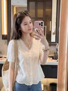 PAIBOLI | Áo Blouse Mùa Hè Cổ V Đính Ren Dễ Thương Kích Cỡ Lớn