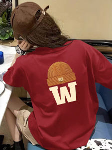 Wine Red Combed Pure Cotton Short-Sleeved T-shirt Female Loose Slim Looking Chic Niche Style round Neck Student Summer Top T-shirt