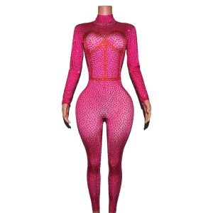 Sparkly Pink Crystals Jumpsuit Womens Bodycon Leggings Bars Costume Nightclub Dance Stage Wear Female Singer Stretch Outfit