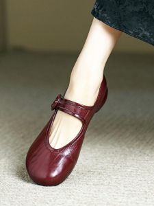 Red Leather Mary Janes Womens Shoes Spring Summer New Style Thick Heel round Head Sheepskin Single Shoes Low Heel Fashionable