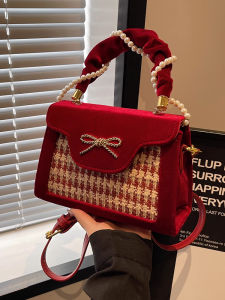 Túi Xách Da PU Màu Đỏ Hoa Văn Kẻ Caro Nhỏ Cho Nữ Túi Xách Đeo Vai Đơn Giản Cho Đám Cưới Túi Xách Nữ Mùa Đông 2025 Mới