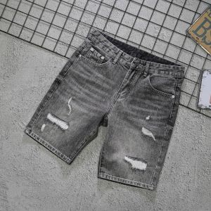 Summer Trendy Brand Mens Denim Shorts Five-Quarter Length with Patchwork Ripped Casual Versatile Mid-Waist Jeans Shorts