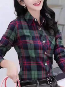 Womens Plaid Shirt Long Sleeve Spring Autumn Korean Retro Hong Style Base Layer Casual Outerwear Large Size Polo Collar Multi-Buckles