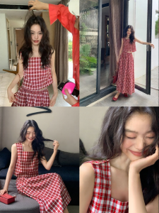 ALOHA LU | Bộ Áo Gile Và Chân Váy Họa Tiết Caro Phong Cách Retro