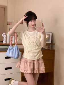 Áo Thun Nữ Tay Ngắn Họa Tiết Hoạt Hình Bong Bóng Thắt Nút Bướm Thiết Kế Nhỏ Gọn Phong Cách Ngọt Ngào Tay Ngắn Mùa Hè