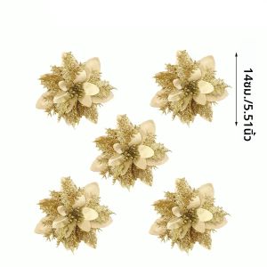 ดอกไม้กลิตเตอร์คริสต์มาส ดอกไม้ปลอม ตกแต่งต้นคริสต์มาสสำหรับบ้าน ปี 2025 จี้ตกแต่งต้นคริสต์มาส ของขวัญปีใหม่ 2026