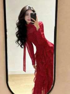 QFN | French Style Red Dotted Long Sleeve Slender Waist Flounced Dress