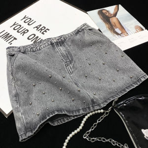 Váy Mini Denim Cạp Cao in Đính Ngọc Trai Màu Xám Phong Cách Mỹ Cổ Điển Váy Chữ a Ôm Sát Cơ Thể Váy Midi Cho Nữ