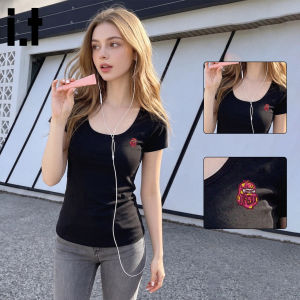 FINGERCROXX | Gray U-neck Wide Collar Straight Shoulder Short-sleeved Slim Fit T-shirt