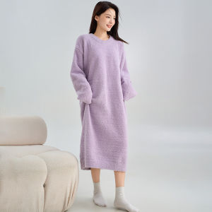 miiow | Dopamine Half-Fleece Nightgown Womens Autumn/Winter 2025 New Pure Color Thick Sleepwear