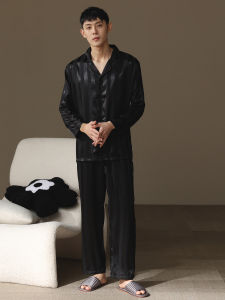 me home wear | Buttoned Long Sleeve Light Summer High-Quality Imitation Silk Mens Sleepwear