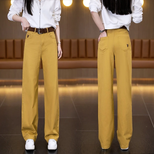 Spring High Waist Slim Wide Leg Jeans Womens New Style 2025 Yellow Straight Cut Trousers Fashionable And Slimming