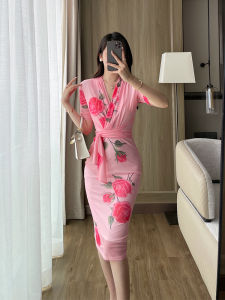 Rose Print Ice Silk Mesh Slim Fit Short Sleeve V-Neck Dress High Waist Wrap Belt Summer Elegant One Step Skirt Womens Dress