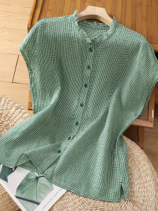 Green Fine Plaid Lace Collar Cotton and Linen Shirt Womens Summer Thin Young Man Slimming Shirt Linen Tops